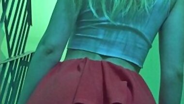 Naughty girl with no panties upskirt upstairs