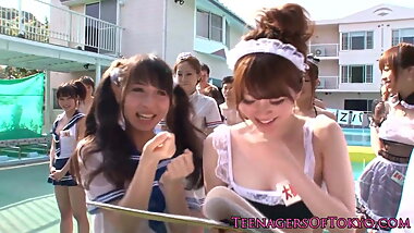 Cosplay teens cockriding at pool party
