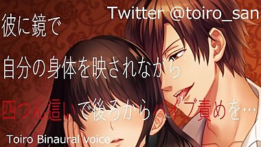 While his body is reflected in the mirror, he crawls on all fours and blames the vibrator from behin