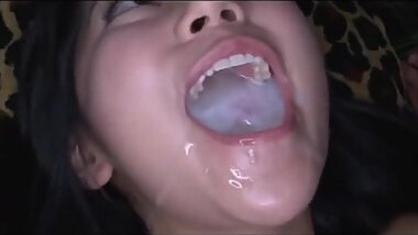 Japanese cutie swallows a huge mouthful of cum