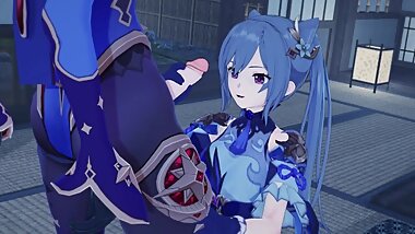 Genshin Impact: Futa Mona gets Keqing pussy in japanese house