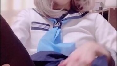 A cute Japanese transsexual masturbates