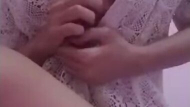 Sexy busty asian in white lace and collar tease