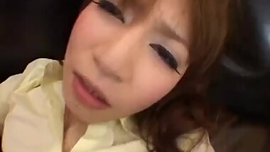 Japanese AV Model sucks dick and rubs it with hairy labia for cum