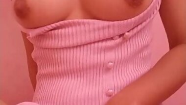 cute busty asian in pink rubbing pussy