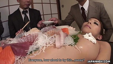 Business lunch is all over her naked body