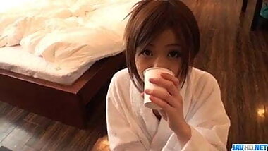 Nao plays with her creamy vag during hot porn show