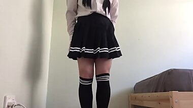 cute crossdresser school uniform cumshot