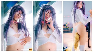 Japanese Crossdresser Sissy Cum with Foxtail